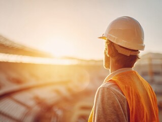Poster - Construction Worker in Helmet Observing Stadium Development at Sunset Showing Dedication and Progress in Sports Infrastructure Growth