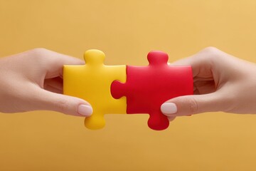 Aufkleber - Strategic teamwork hands connecting vibrant puzzle pieces on warm background symbolizing collaboration integration modern business innovation and corporate synergy