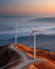 Poster - Sustainable Energy Infrastructure with Wind Turbines and Solar Panels on Mountain Ridge at Sunrise for Clean Power Marketing and Eco Innovation