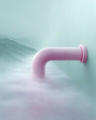 Aufkleber - Modern pink pipe releasing mist against serene mountain background with soft pastel tones and minimalist composition in contemporary art style
