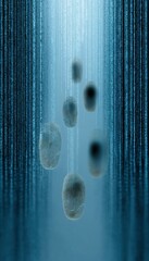 Aufkleber - Secure Digital Identity Concept with Floating Fingerprints and SIM Symbols in Cyber-Blue Matrix for Advanced Data Protection and Blockchain Authentication