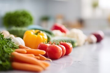 Poster - vibrant array of fresh vegetarian ingredients displayed on kitchen counter people softly blurred in background to maintain