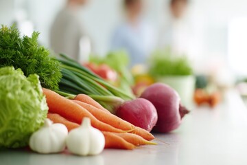 Poster - vibrant array of fresh vegetarian ingredients displayed on kitchen counter people softly blurred in 