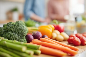 Poster - vibrant array of fresh vegetarian ingredients displayed on kitchen counter people softly blurred in 