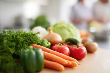 Poster - vibrant array of fresh vegetarian ingredients displayed on kitchen counter people softly blurred in 