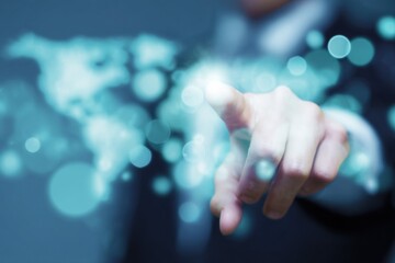 Poster - Businessman interacting with futuristic holographic interface showing data visualization and digital cityscape for risk management and cyber security