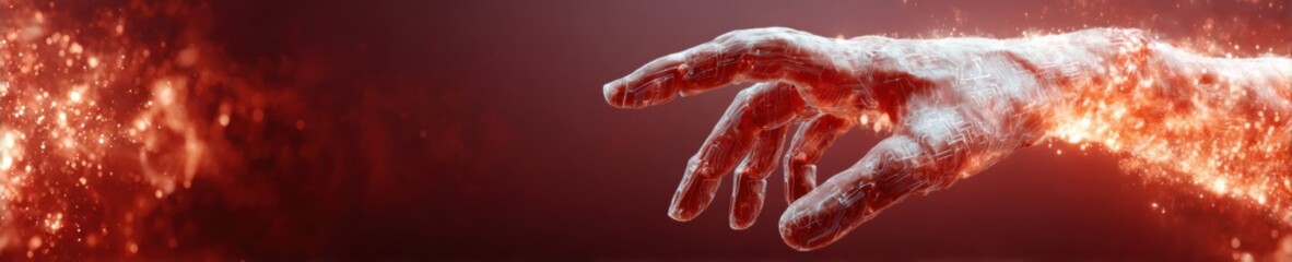 Poster - Futuristic Robotic Hand Interacting with Holographic Quantum Circuit in Dark Space Symbolizing Breakthrough in Computational Technology and Digital Transformation