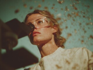 Poster - Quantum Technology Researcher in Protective Eyewear Analyzing Holographic Data in Cutting-Edge Lab Environment for Scientific Innovation
