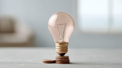 Poster - Modern Price Adjustment Concept with Light Bulb on Stacked Coins Highlighting Rising Utility Costs and Energy Inflation in Financial Context