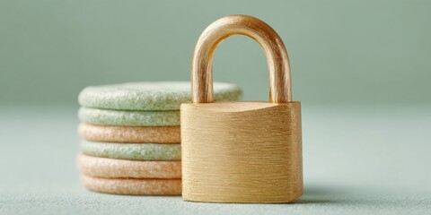 Poster - Golden Privacy Coin Padlock on Stacked Coins with Metallic Texture Macro Focus for Financial Security and Asset Protection Marketing
