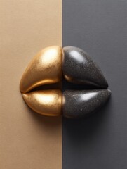 Poster - Contrasting Gold and Black Abstract Lips with Geometric Speech Bubbles for Modern Communication and Dynamic Dialogue in Contemporary Advertising