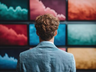 Poster - Businessman Facing Multiple Large Screens with Downward Graphs Showing Market Downturn Stress in Modern Digital Monitoring Workplace