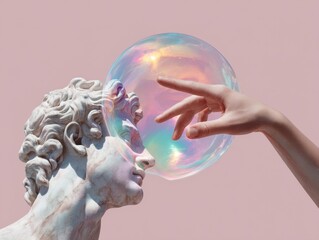 Aufkleber - Digital interaction with classical marble sculpture and iridescent bubble, blending timeless art and modern technology for innovative digital creativity