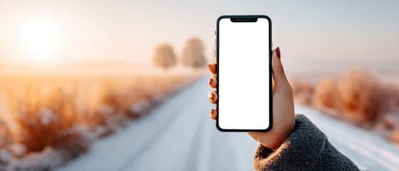 Poster - Minimalistic smartphone mockup held in winter outdoor setting with blank screen for app design and digital connectivity showcasing modern handheld technology