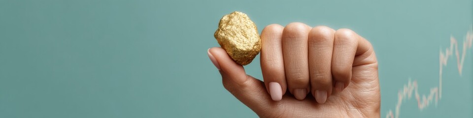 Poster - Modern Financial Investment Concept Hand Holding Raw Gold Nugget with Market Data Overlay Symbolizing Commodity Wealth and Trading Opportunities