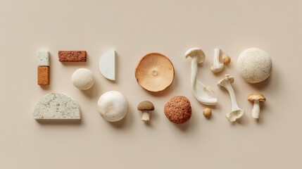 Poster - Minimalist culinary arrangement of assorted mushrooms and textured geometric vegetables on neutral background for healthy food branding and eco cooking trends