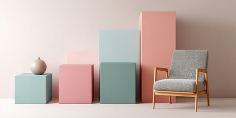 Aufkleber - Midimalism Interior with Floating Pastel Shapes and Simple Furniture Silhouettes Over Neutral Background for Calm Modern Lifestyle and Digital Branding