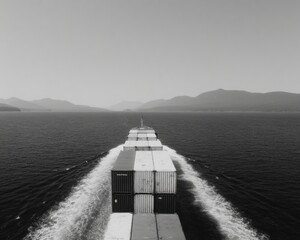 Aufkleber - Maritime freight container ship sailing on open sea with mountain backdrop, illustrating global shipping power and international transport logistics