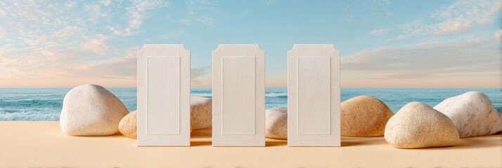 Poster - Minimalist lottery ticket mock-up with blank tear-off sections on natural stone background, customizable design for branding, events, and promotional campaigns