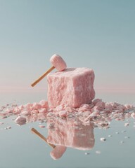 Poster - Pink Salt Block with Wooden Mallet on Reflective Surface - Minimalist Wellness Concept for Sustainable Lifestyle and Natural Healing Trends