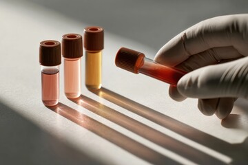 Poster - Medical professional in latex glove holding hemoglobin blood sample tube with laboratory testing equipment, clinical diagnostic precision and modern analysis