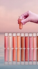 Poster - Medical Professional in Pink Gloves Holding Ferritin Test Tube with Organized Blood Samples for Advanced Hemoglobin Analysis in Healthcare Marketing