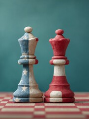 Poster - Strategic Global Chess Pieces with American Flag Textures on Board Symbolizing Political Tensions and Diplomatic Maneuvering in Modern Business