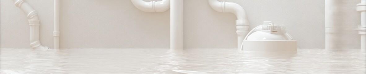 Poster - Modern Flood Mitigation with Submerged Sump Pump in Basement Plumbing System - Efficient Water Removal for Emergency Home Solutions and Property Protection