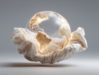 Poster - Futuristic illuminated digital globe floating on soft fabric illustrating global trade routes and disrupted supply chains in a sleek modern style