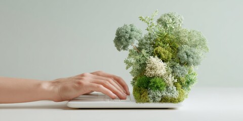Poster - Corporate Environmental Policy Concept with Hands Typing on Laptop and Digital Sustainability Icons, Blending Nature and Technology for ESG Marketing