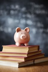 Poster - Modern Education Funding Concept with Pink Piggy Bank on Stack of Textbooks against Chalkboard Featuring Financial Formulas