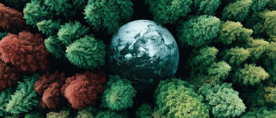 Poster - Earth Globe Nestled in Dense Forest Canopy Aerial View Symbolizing Biodiversity Preservation and Environmental Conservation for Sustainable Futures