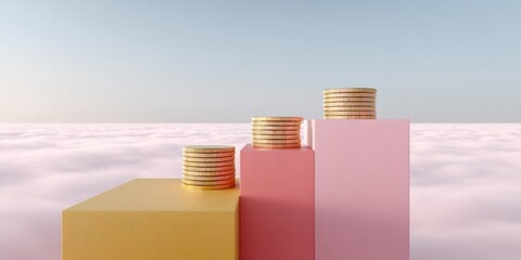 Poster - Ascending Coin Stacks and IPO Wooden Blocks on Colorful Pedestals Representing Structured Wealth Building and Gradual Financial Growth in Modern Business