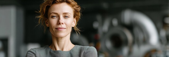 Aufkleber - Confident businesswoman with boss mindset in modern office space, showcasing leadership presence and startup success for professional branding and marketing
