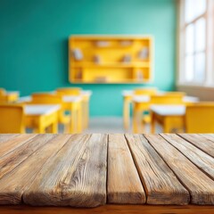 Poster - Rustic Wooden Counter with Blurred Classroom Background for Modern Educational Content and Learning Environment Visuals in Sustainable Design