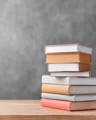 Poster - Minimalist stack of textbooks on wooden desk with neutral background, showcasing educational materials for modern academic preparation and back-to-school themes