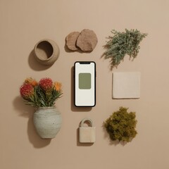 Aufkleber - Modern Biometric Lock Concept with Smartphone and Nature-Inspired Elements in Minimalist Eco-Friendly Workspace Setting