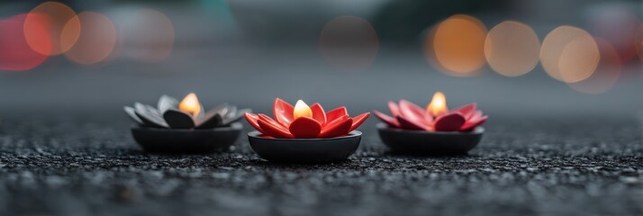 Poster - Serene Floating Lotus Candles with Bokeh Lights for Vesak Day Spiritual Celebration and Mindfulness Marketing in Modern Religious Wellness