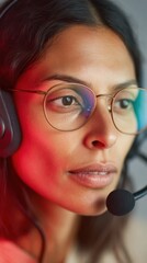 Poster - Focused South Asian Woman with Headset Typing at Dual Monitors in Neon-Lit AI Software Workspace for Modern Tech Careers