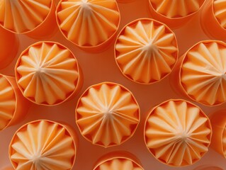 Poster - Symmetrical Aerial View of Orange N95 Masks Creating Geometric Pattern Highlighting Texture and Health Safety Design Trend
