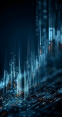Poster - Abstract digital data stream with glowing lines and dots on a dark background