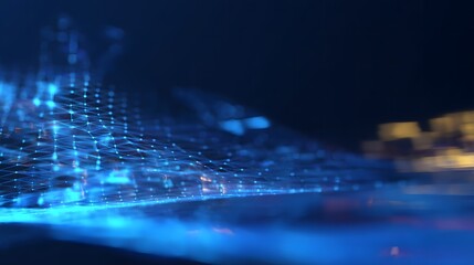 Poster - Abstract digital network with glowing blue nodes and connections against a dark background