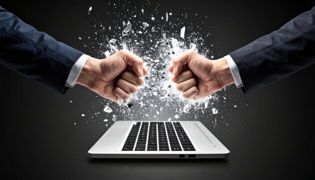 Hands smashing a laptop