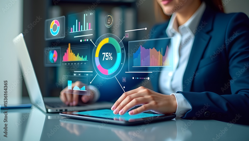 A business professional analyzing futuristic digital graphs and ...
