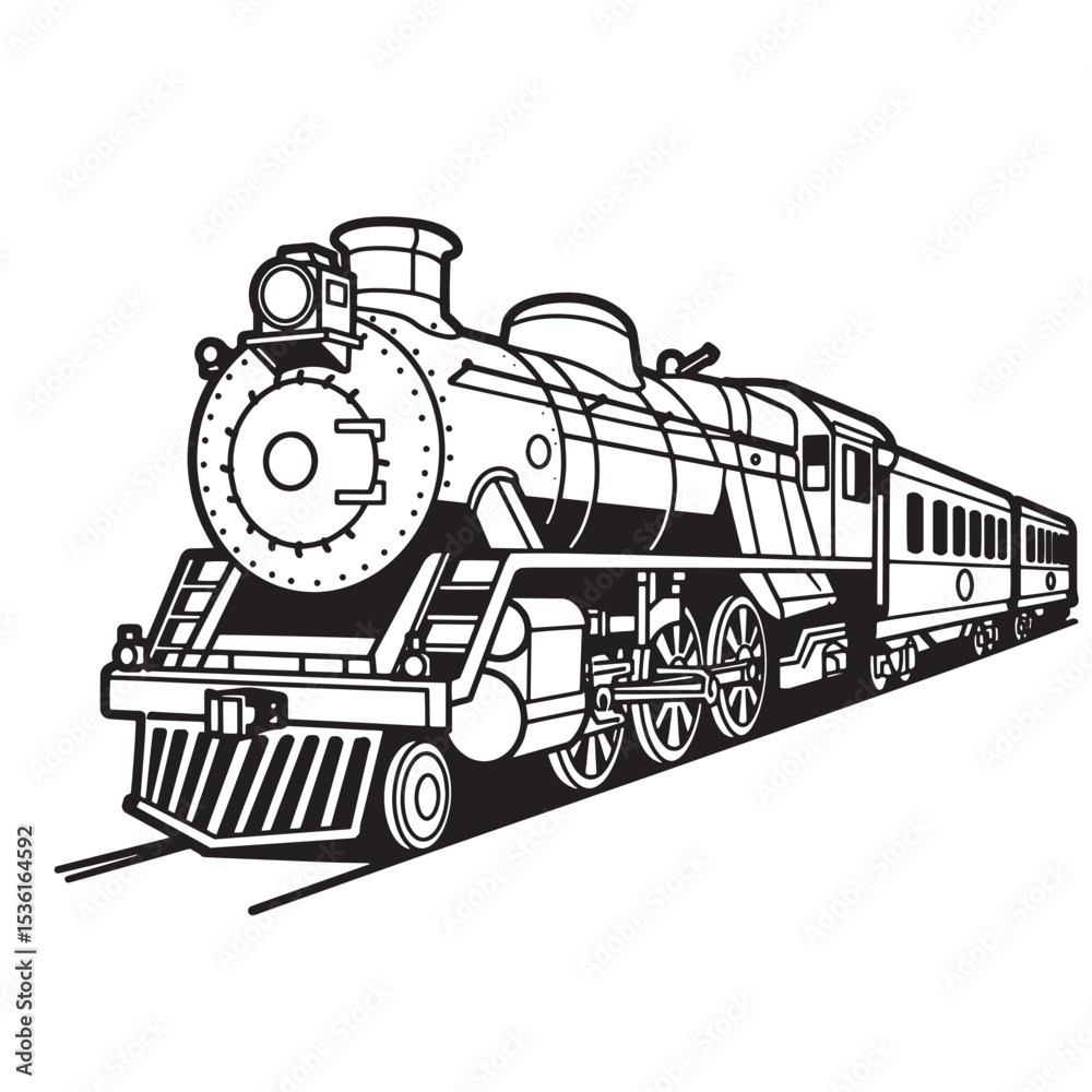 Black and white silhouette illustration of a classic steam train locomotive  transporting passengers across a vast landscape Stock Vector | Adobe Stock, image size:1000x1000