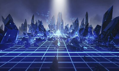 Wall Mural - a futuristic landscape featuring towering blue crystal formations under a bright beam of light