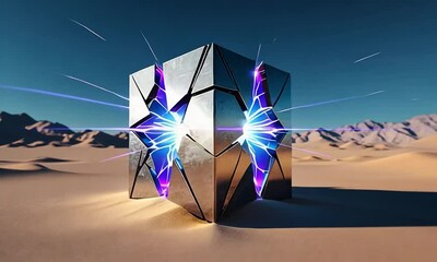 Wall Mural - a futuristic metallic cube emitting electric sparks in a vast desert landscape under a clear sky