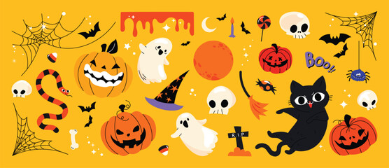 happy halloween day element background vector. cute collection of spooky ghost, pumpkin, bat, candy,