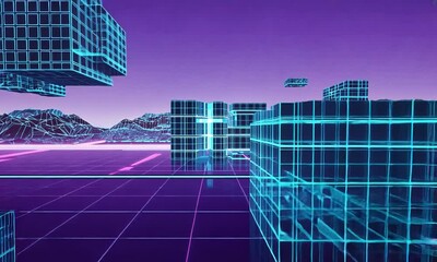 Wall Mural - futuristic cityscape with glowing grid structures and floating cubes against a vibrant sky