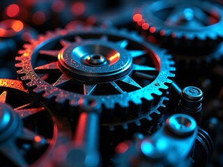 Poster - Closeup shot of the beautiful metallic gears and timing chains in a black machine, bokeh effect, horizontal composition. Technology background for graphic design.
